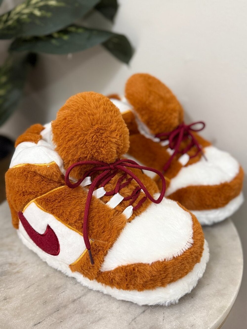 Plush Sneaker Style Slippers Brown White Burgundy | Adult EU 36-42
